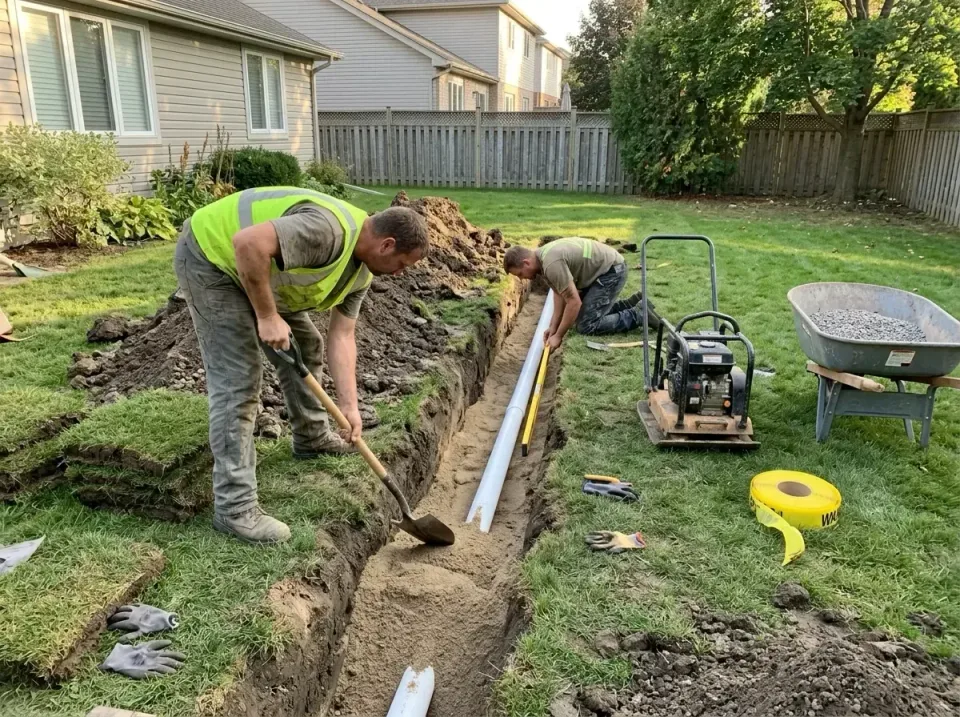 Construction Crew — Residential Backyard — Construction Crew, Safety Vest, Shovel, Residential Backyard, Plumbing