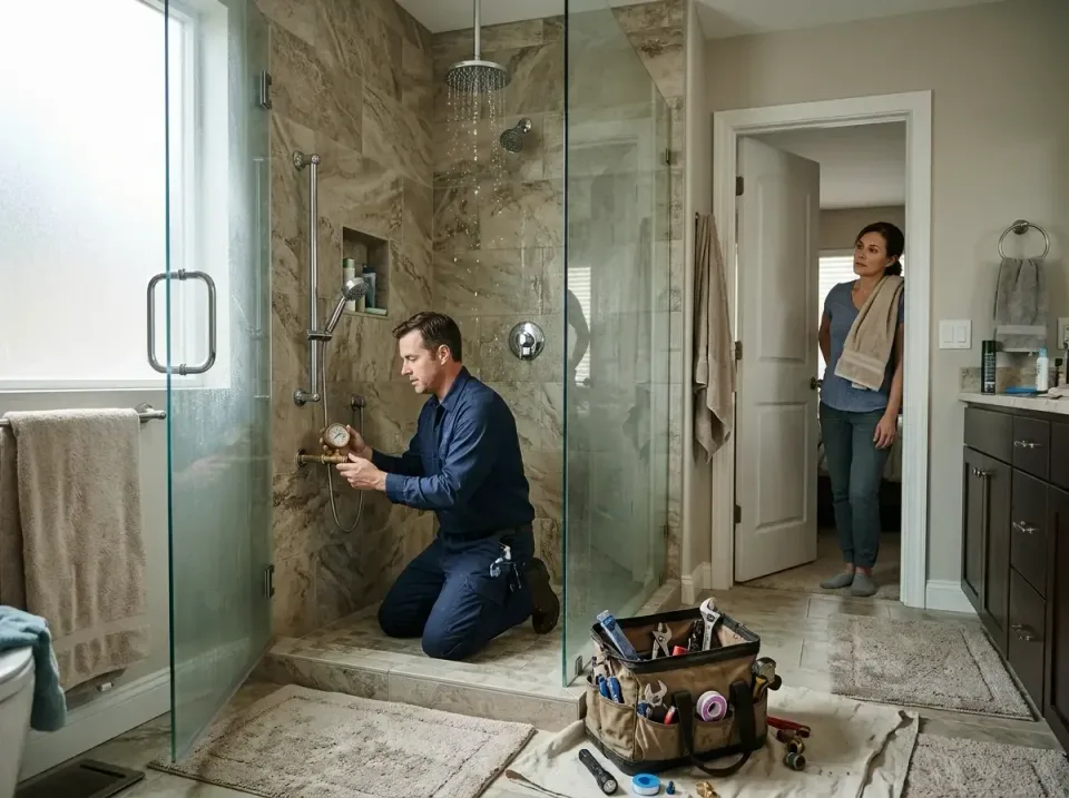 Plumber — Residential Bathroom Plumber — Residential Bathroom — Plumber, Homeowner, Tool Bag, Residential Bathroom, Plumbing