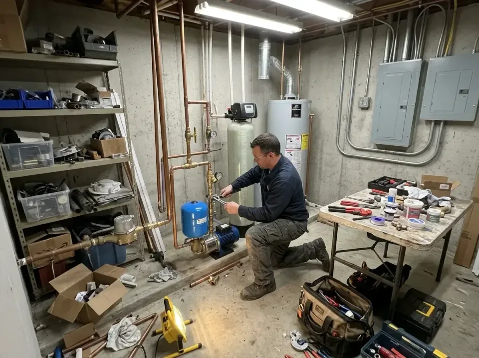Plumber — Basement — Plumber, Pressure Booster Pump, Water Heater, Basement, Plumbing