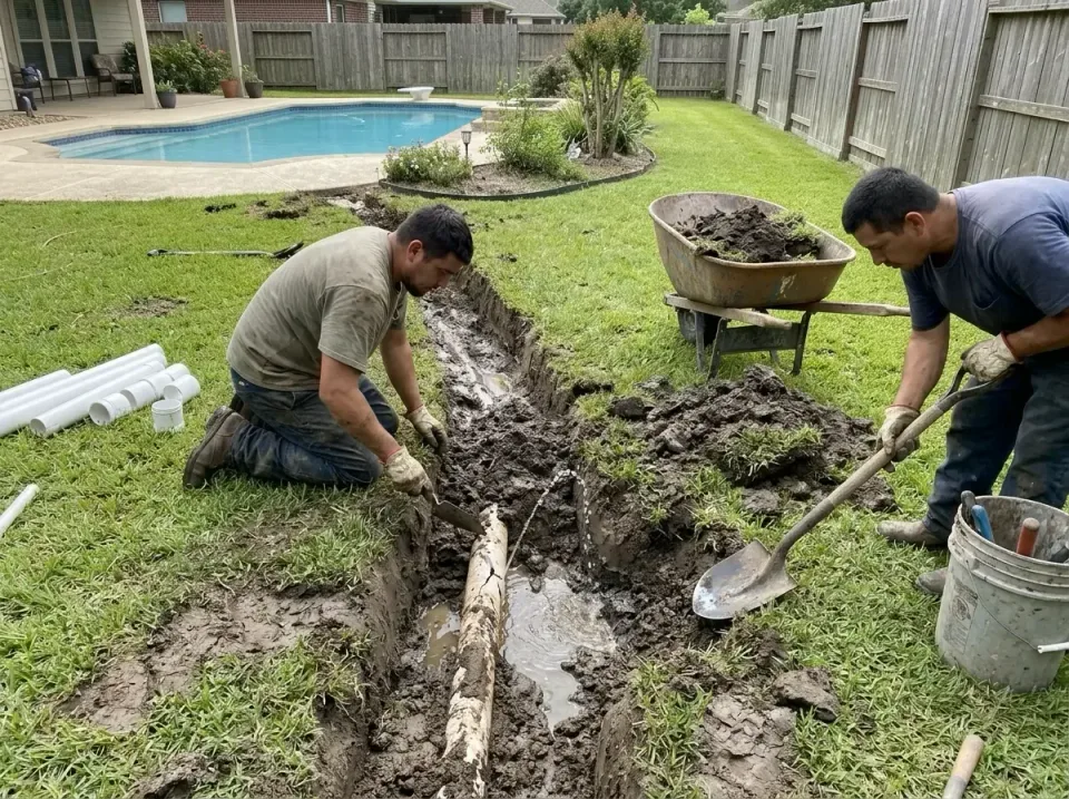 Plumbing Crew — Residential Backyard Plumbing Crew — Residential Backyard — Plumbing Crew, Excavation Trench, Wheelbarrow, Residential Backyard, Plumbing
